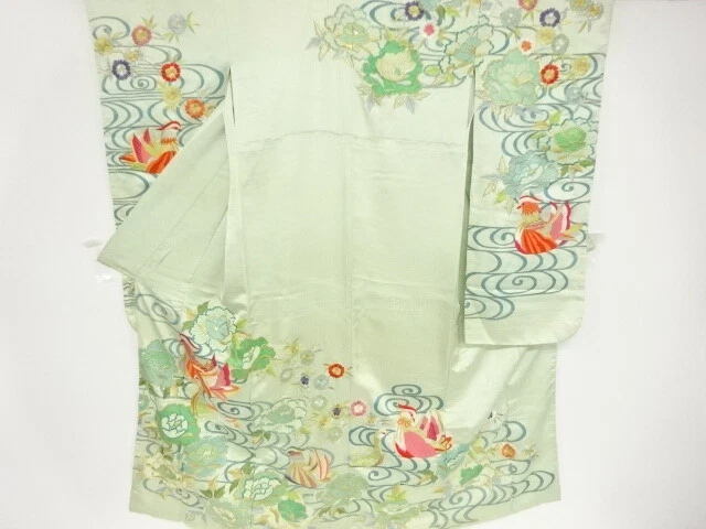 82356# Japanese Kimono / Antique Furisode / Embroidery / Stream & Mandarin D