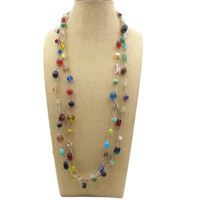 Vintage Multicolor Glass Mixed Beaded Cord 32" Opera Length Necklace Bohemian