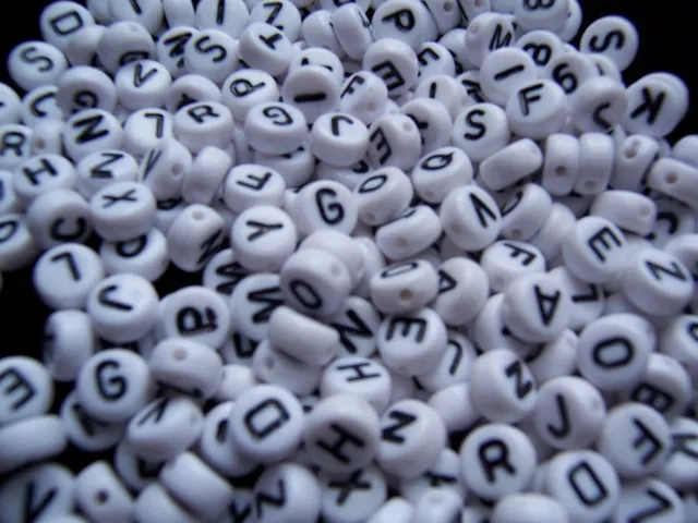 500, 1000 7mm white flat round mixed & single letters acrylic alphabet beads A-Z