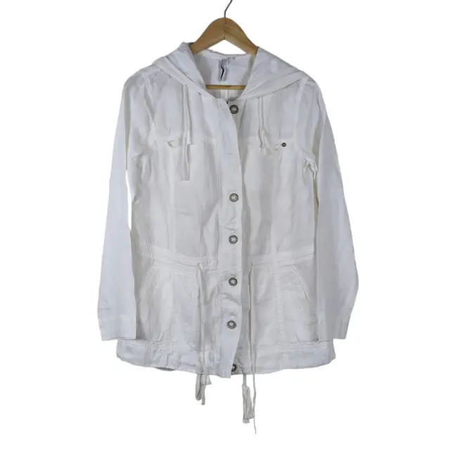 Michael Stars Womens Jacket Small White Linen Anorak Hood Zip Up Button Up Coat