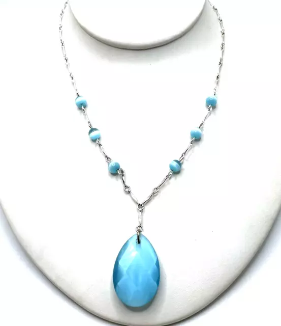 Avon Nina Ricci Aqua Blue Station Necklace Cats Eye Beaded Teardrop Pendant