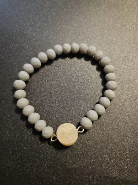 Druzy crystal natural grey stone bead Stretch Bracelet Earthy Boho Nature Quartz