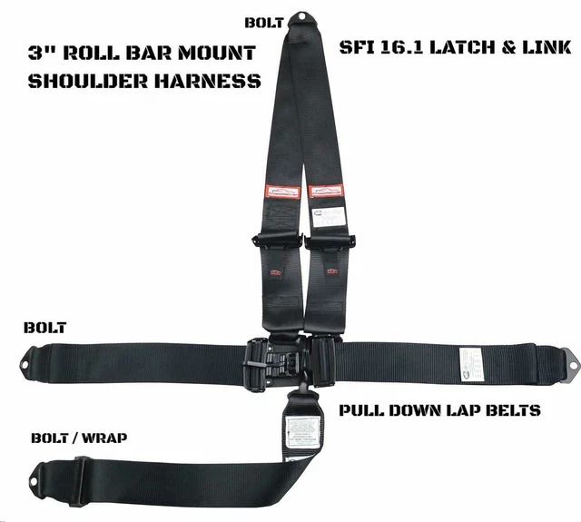 Scca All Black Latch & Link Racing Harness 5 Point Sfi 16.1 Roll Bar Mount