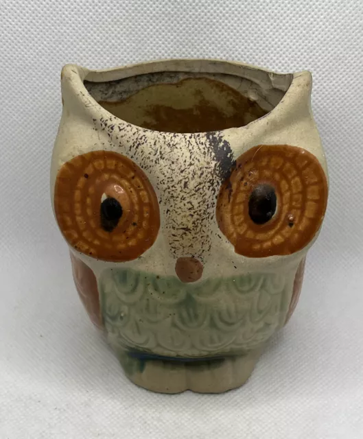 VINTAGE 1960s 70s Retro Owl Pottery Pencil Holder Vase Planter 4"