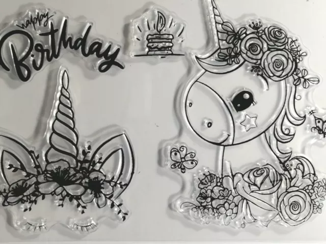 4 Cute Clear Silicone Stamp Unicorn Birthday Sentiment Card Making Scrapbook Art