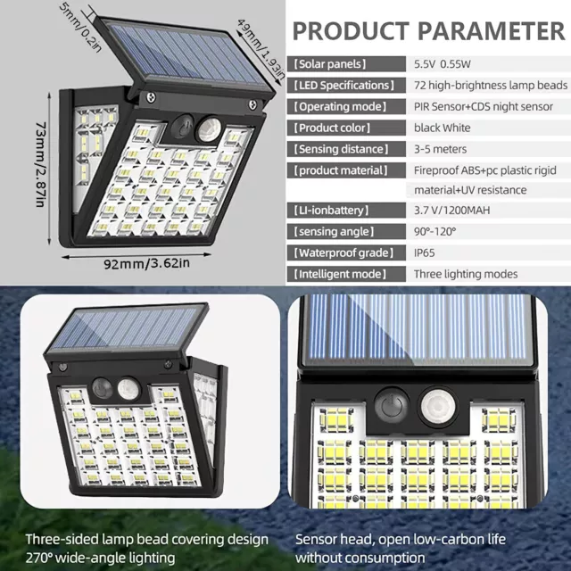 Solar Power LED Wall Light Security Outdoor Garden Flood Lamp PIR Motion Sensor 3