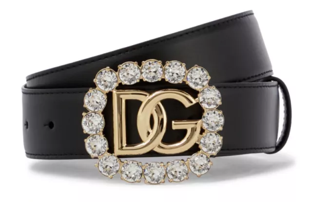 $900 New Dolce & Gabbana Crystal Logo Dg Black Leather Belt 85 Nwt Box!!