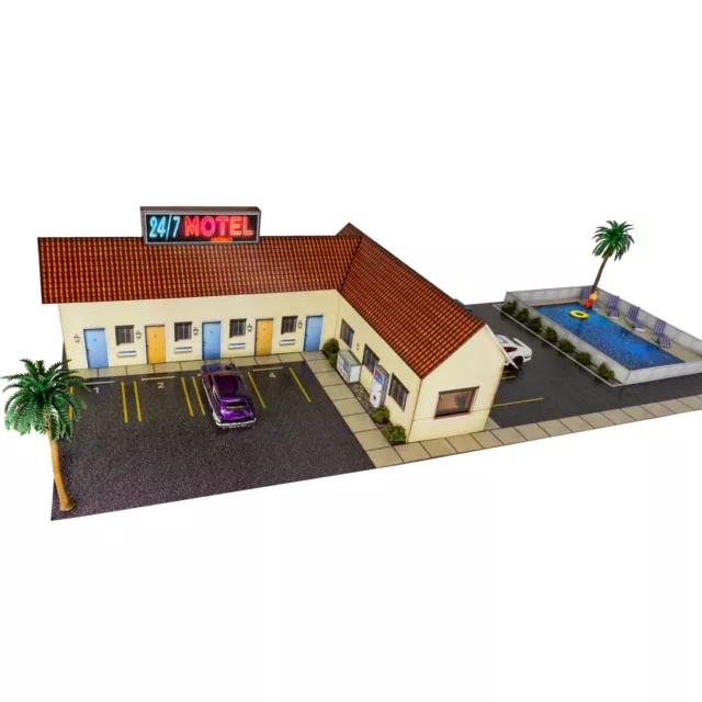 1/64 Scale 24/7 Motel Photo Real Diorama Scenery Track Layout fits Hotwheels