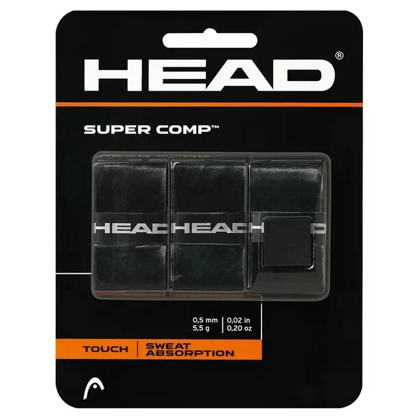 HEAD Super Comp Racquet Overgrip - 3-Pack with Tape, Black Color