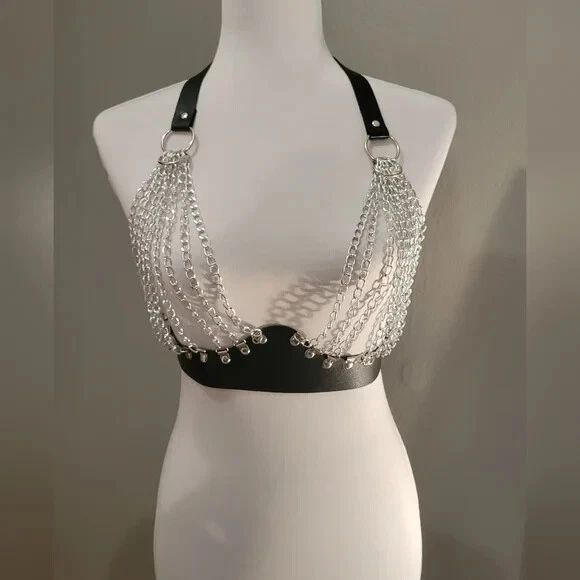Black and silver halter chain belt