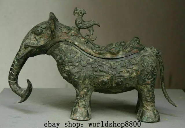 11.2"Antique Chinese Bronze Ware Dynasty Elephant Zun Birds Lids Drinking Vessel