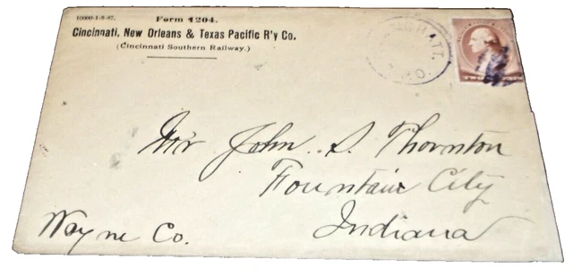 1888 Cincinnati New Orleans & Texas Pacific Used Company Envelope Rpo Cancel