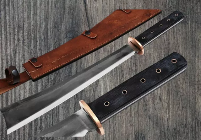 Custom Handmade D2 Tool Steel Hunting Machete Sword With Leather Sheath