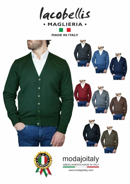 Pullover Uomo Maglione Cardigan con Bottoni Misto Lana Merinos Extrafine Made in