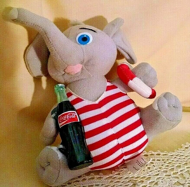 COKE PLUSH ELEPHANT Swimsuit Holding Coca Cola Bottle 1993 Red White