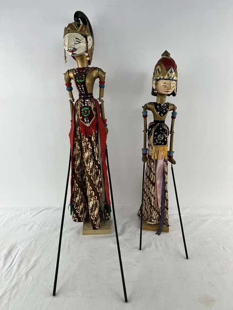 Set of 2 Vintage Indonesian Wayang Golek Hand-Crafted Stick Rod Puppet