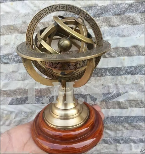 Vintage Antique Brass Desktop Globe Sphere Wooden Base Armillary Astrolabe Gift