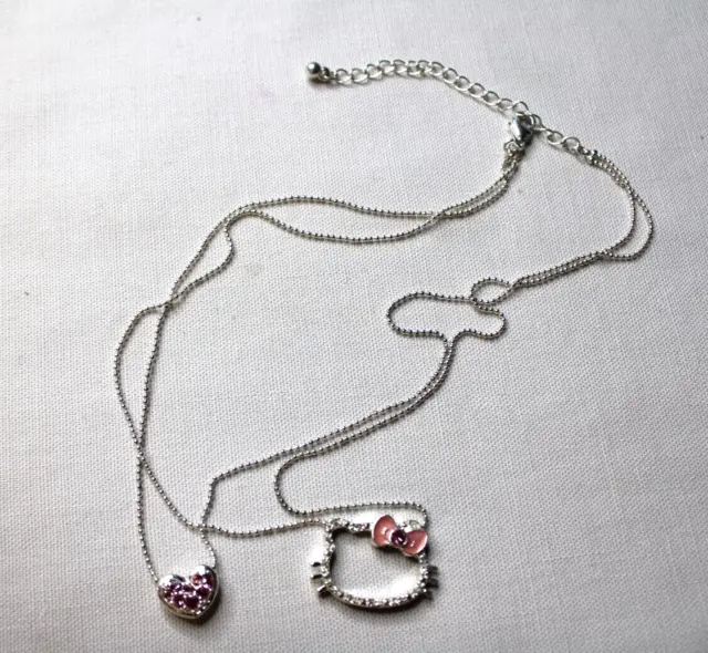 Hello Kitty Sanrio Silvertone 16" Necklace Pink Rhinestones Heart Bow