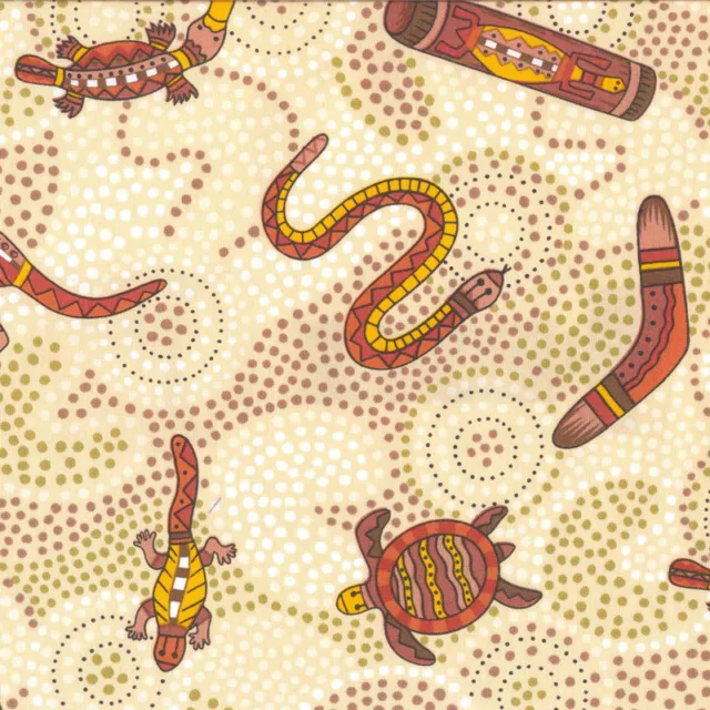 NEW Australian Aboriginal Gooloo on Beige Turtle Boomerang Quilting Fabric 1/2 M