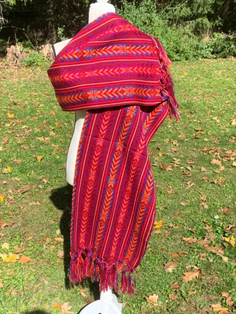 Mexican Fringed Rebozo Wrap Shawl Woven Pattern 6x2.75 Burgundy Red Rainbow J4