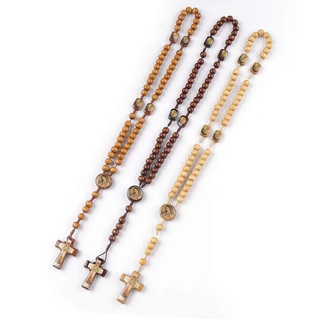 12 Pcs Mixed Wood Beads Rosary Crucifix Necklace San Judas & Our Lady of Guad...