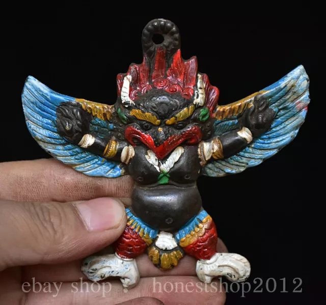 4.2" Alte Tibet Bronze Malerei Redpoll Winged Garuda Vogel Adler Buddha Anhänger