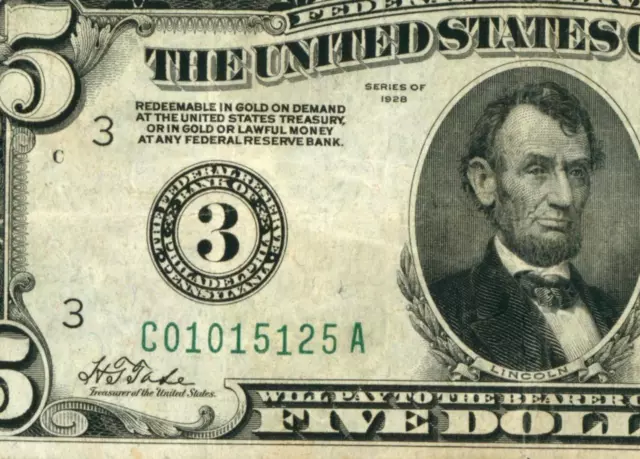 $5 1928 (( PHILADELPHIA )) Federal Reserve Note ** DAILY CURRENCY AUCTIONS **