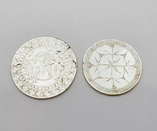 2 x Antique Oriental Japanese / Chinese Mother Of Pearl Gaming Counters Tokens
