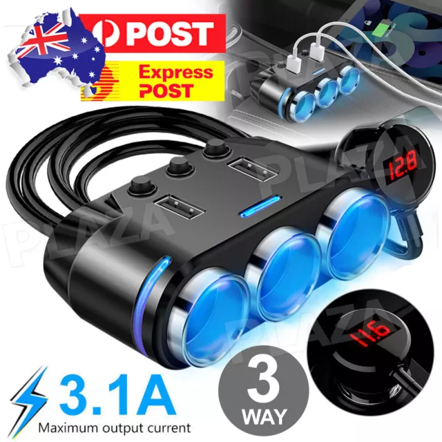 3 Way Car Cigarette Lighter Socket USB Charger Port Splitter Power Adapter 12V