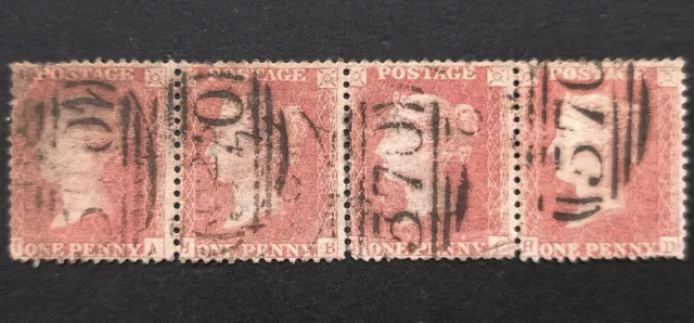 GB Queen Victoria Penny Red SG.38 Pl.43 Used Stripe Of 4 Pmk Northampton VF