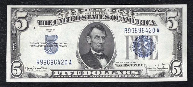 Fr.1654 1934-D $5 Five Dollars Silver Certificate Currency Note Gem Uncirculated