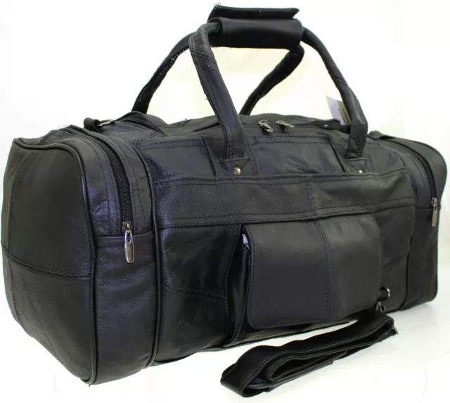 Large Genuine Leather Duffel Cabin Gym Sports Holdall Travel Bag Case Black