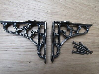 4" PAIR OF ANTIQUE IRON cast Victorian scroll ornate shelf support wall brackets