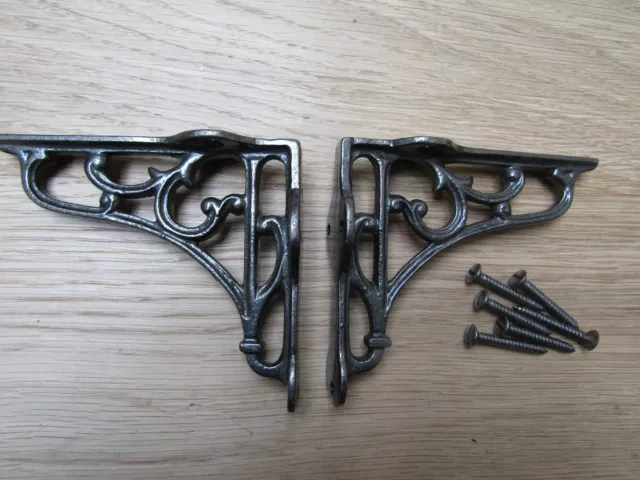 4" PAIR OF ANTIQUE IRON cast Victorian scroll ornate shelf support wall brackets