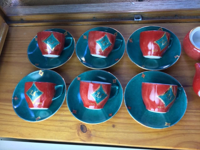 Service à Café Vintage Henri Chaumeil - 7 Tasses Et Soucoupes + Pot à Lait - Décor Strasbourg