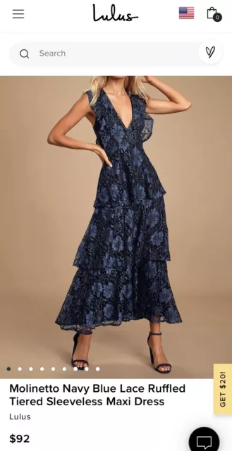 Lulus Dress Womens Large Blue Navy Lace Ruffled Tiered Maxi Molinetto NWT