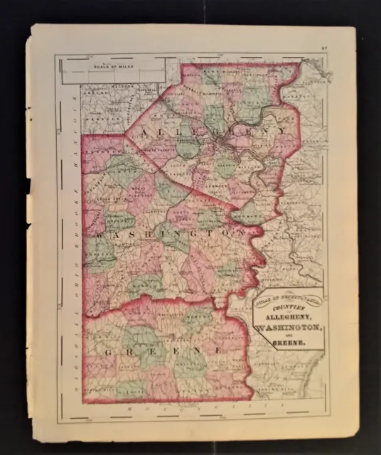 1872 antique hand colored MAP pa ALLEGHENY WASHINGTON GREEN county 17.25"x13.75"