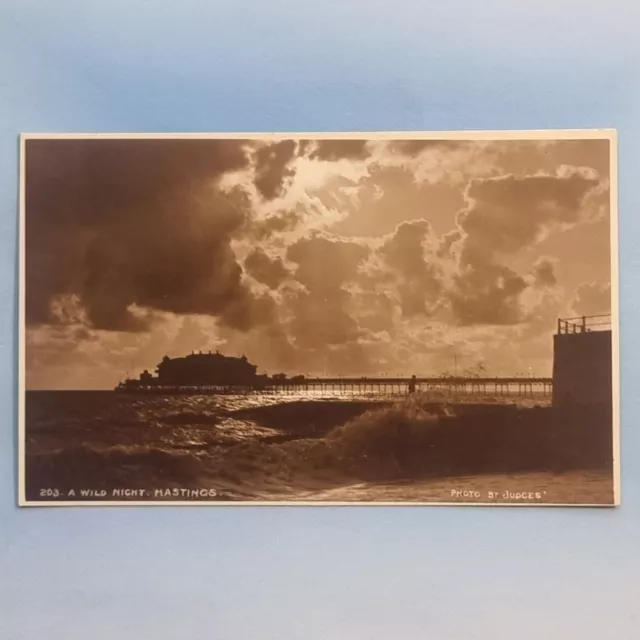 Hastings Postcard C1915 Real Photo The Pier Rough Sea " A Wild Night" Sussex