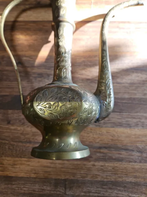 Vintage Brass Tea Water Pot Carafe Pitcher Floral Etched India Home Decor 13" 2
