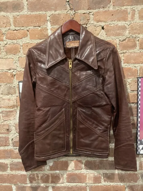 Vintage 70s Leather Jacket Oshwahkon Hippie Leather East West Talon Zipper