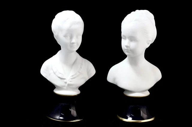 Limoges Porcelain Bisque Busts of Girl & Boy, Early 20th Century, France, Pair