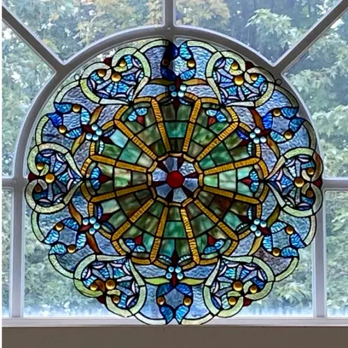 Round Tiffany Style Stained Glass Sky Blue Heart Window Panel Suncatcher 2