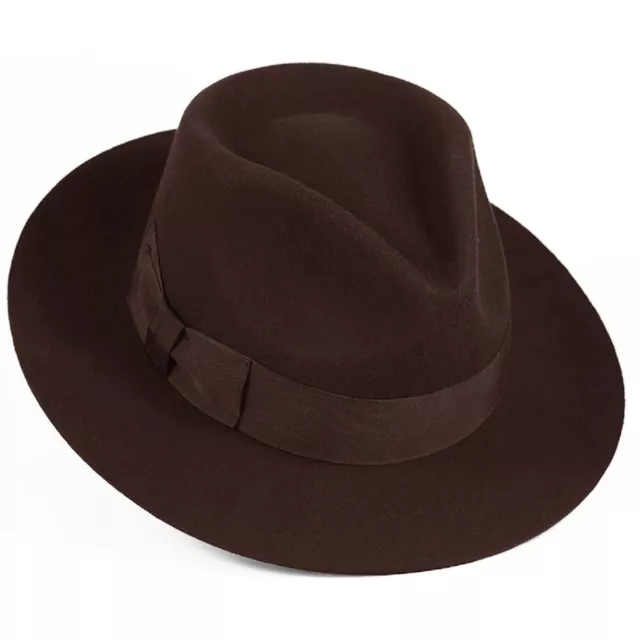 Premium Wool Felt Indiana Jones Fedora Hat w/Grosgrain Band Crush-able Outback