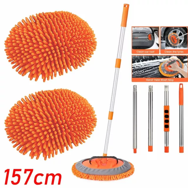 Telescopic Car Wash Mop Brush Long Handle Vehicle Cleaning Kit Tool+2 Mop Heads