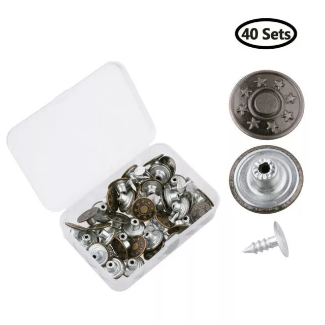 40 Sets Jeans Metal Tack Snap Buttons Replacement Repair Sewing Pants w/Box 17mm
