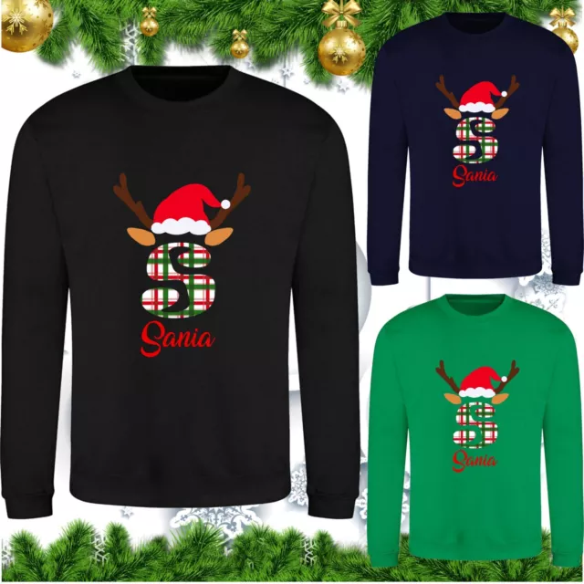 Maglione Natale Nome e Lettera Iniziale Personalizzato Renna Antlers Top di Natale