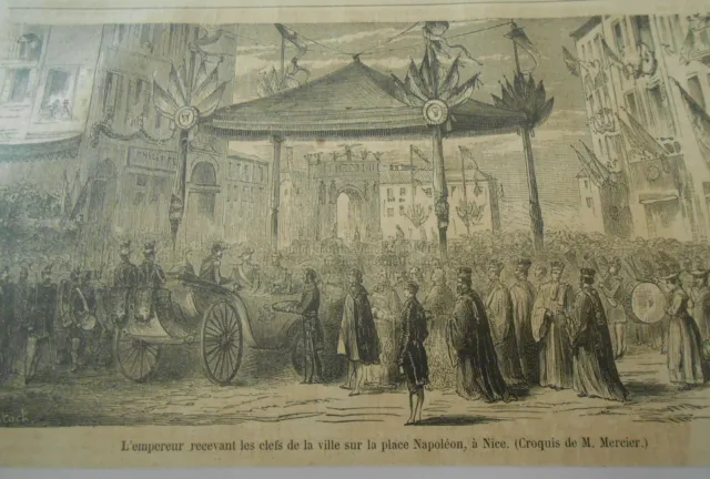 Gravure 1860 - L'empereur recevant les clefs de la ville place Napoléon à Nice