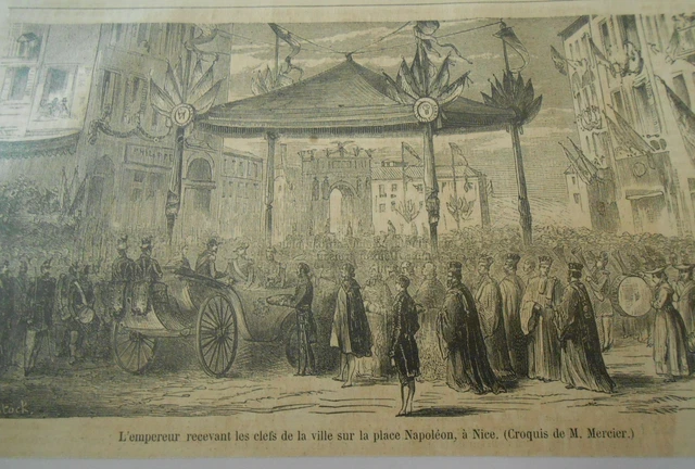 Gravure 1860 - L'empereur recevant les clefs de la ville place Napoléon à Nice