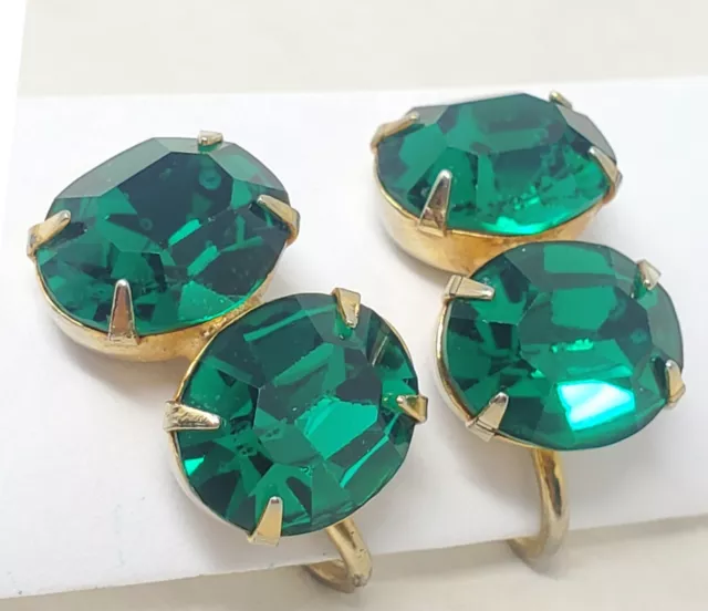 Earrings - Vintage Faux Green Emerald Glass Stones Gold Tone Metal Screw Back