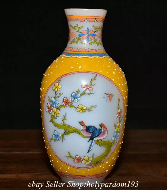 7.2" Qianlong Marked Old Chinese Coloured glaze Painting Flower Bird Bottle Vase